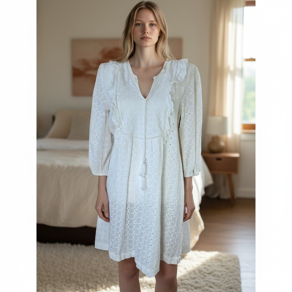 Anthropologie White Eyelet‎ Ruffle Tunic Dress Long Sleeve Tassel Size 6 US